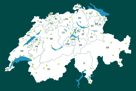 Standorte der kantonalen Lungenligen Schweizer Karte mit Standorten der kantonalen Lungenligen