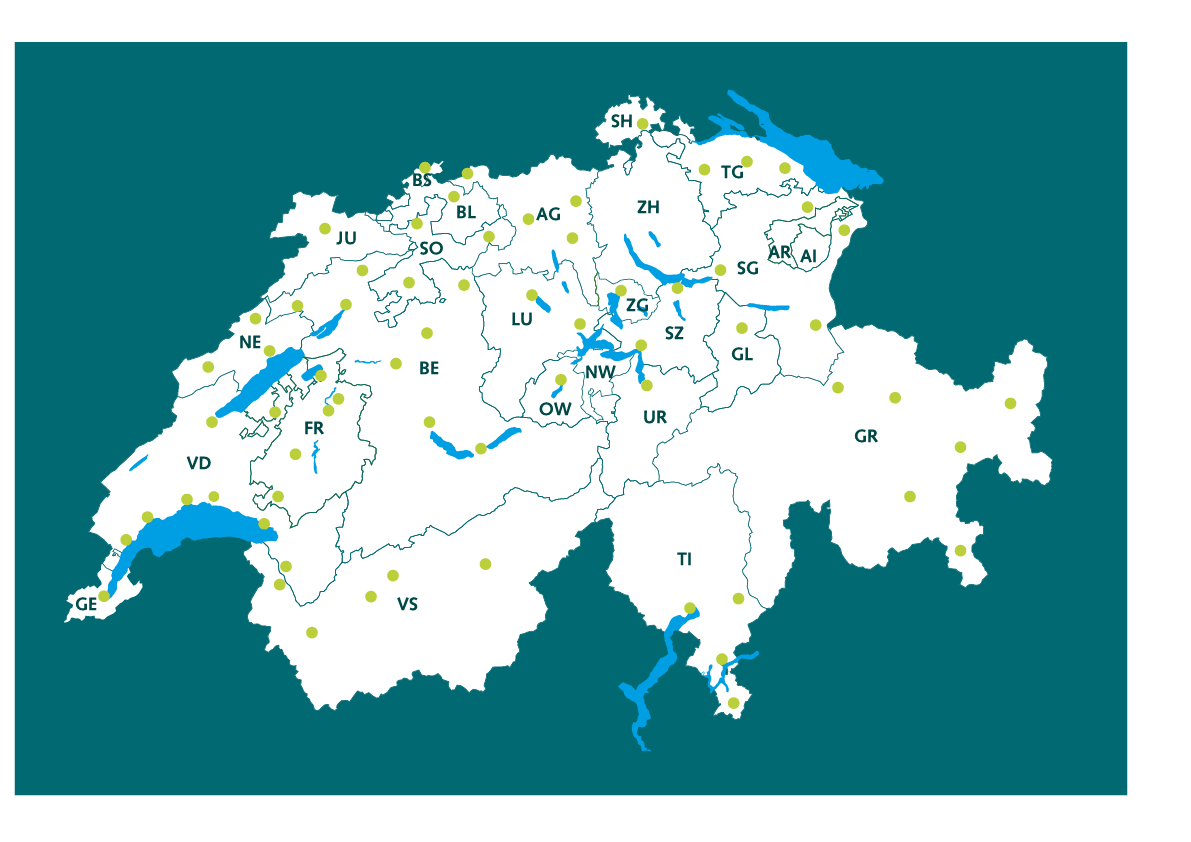 Schweizer Karte mit Standorten der kantonalen Lungenligen