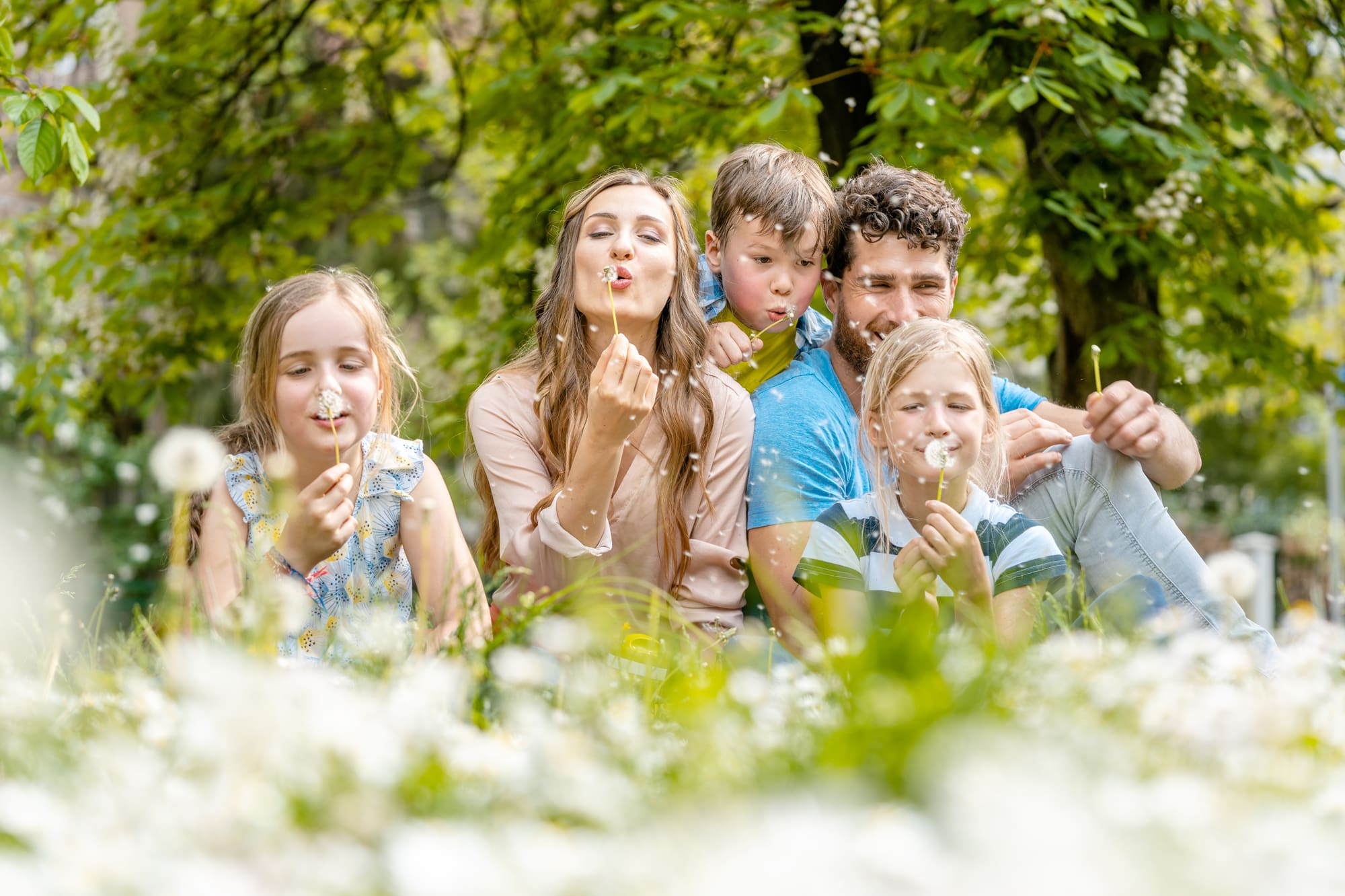 Familie bläst Löwenzahn
