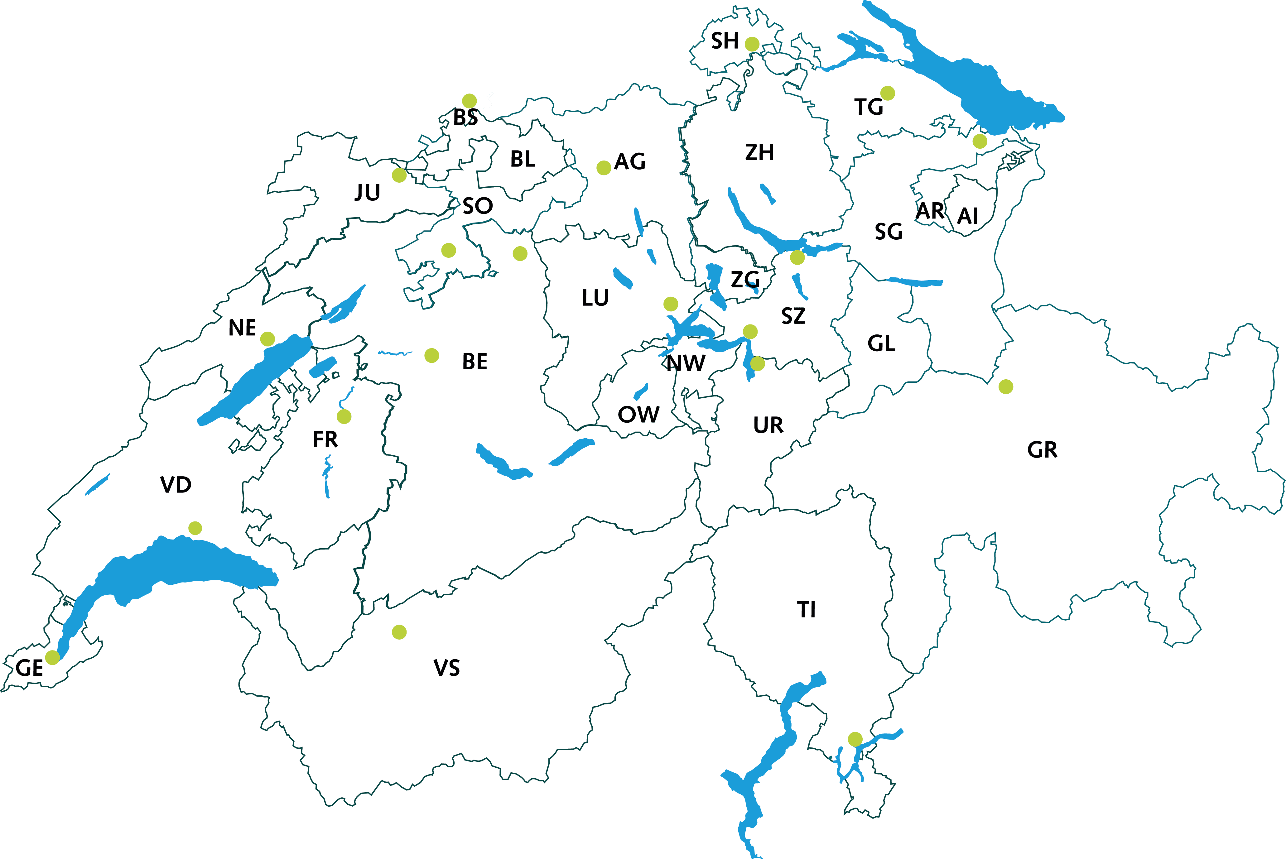 Tuberkulose-Fachstellen in der Schweiz Schweizerkarte mit kantonalen Tuberkulose-Fachstellen