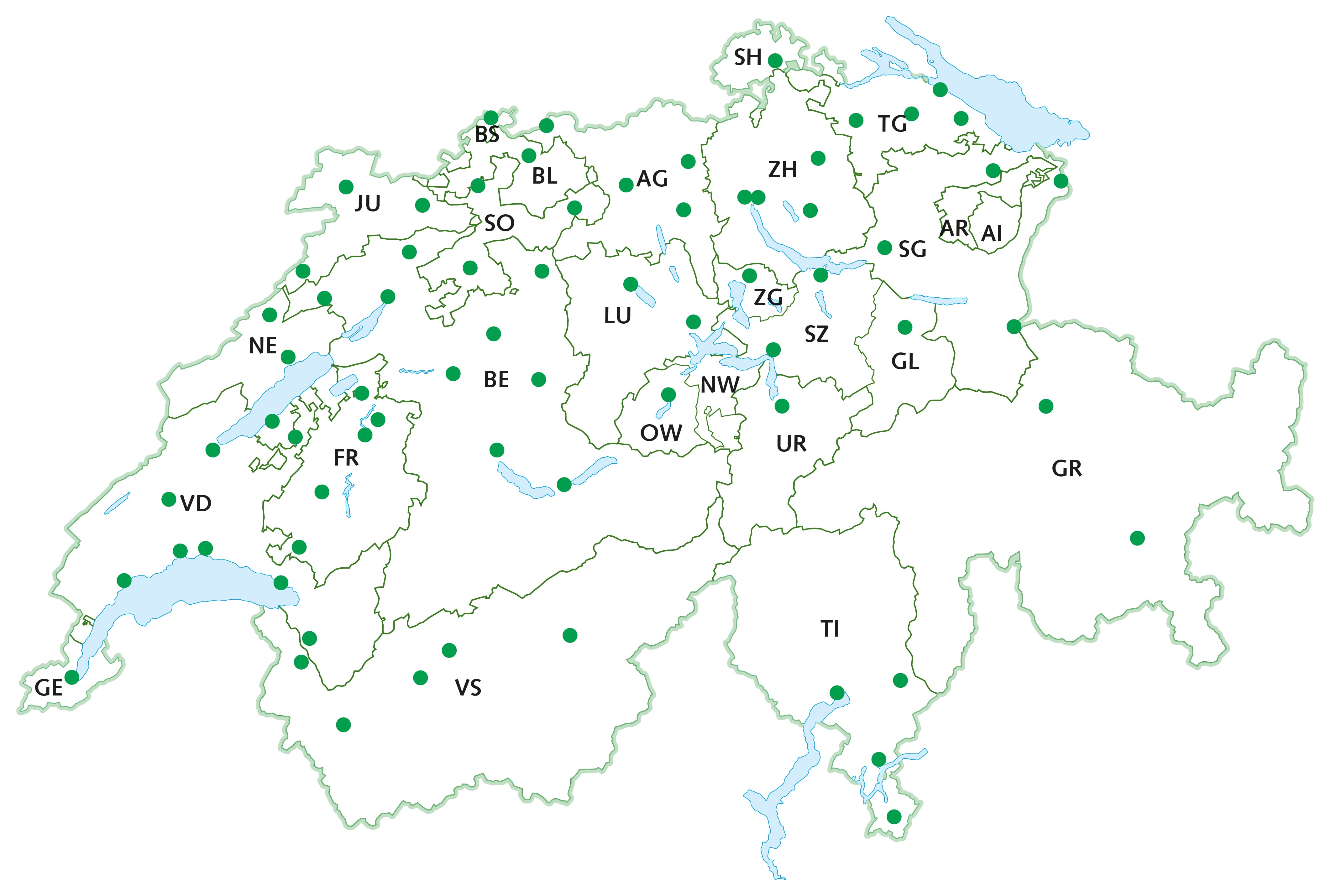 Schweizerkarte mit einer Übersicht über alle kantonalen Beratungsstellen